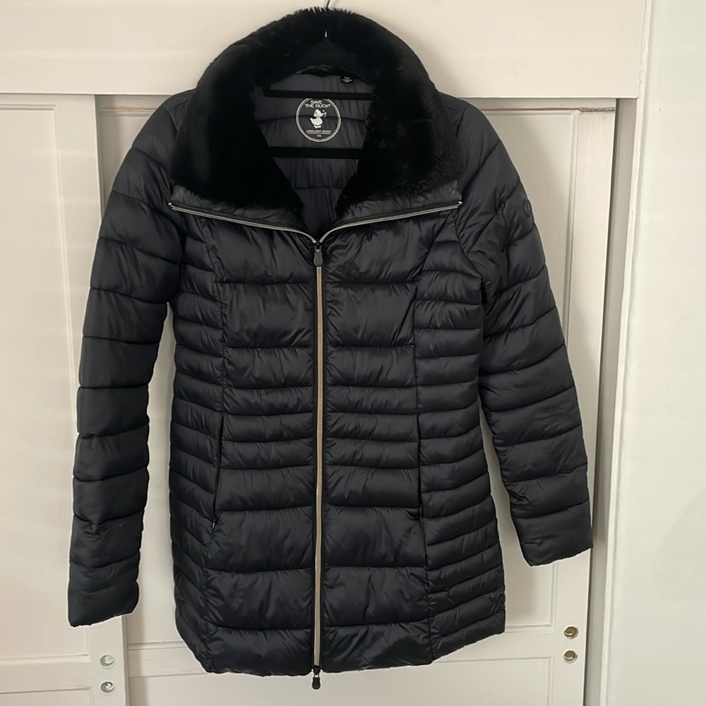 Save the Duck, Caroline Faux Fur Collar Longline Puffer Jacket